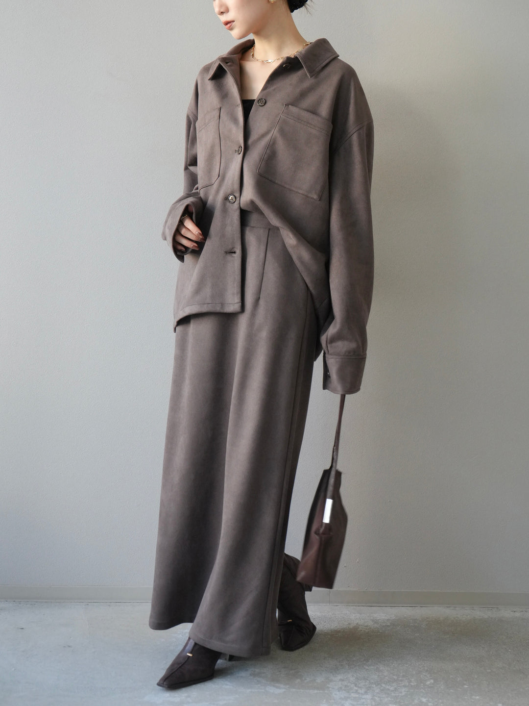 [SET]スエードシャツジャケット+スエードタイトスカート(2set)