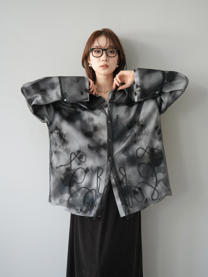 [SET]コード刺繍チュールシャツ＆ニュアンス柄シャツアンサンブル+ベロアナロースカート(2set)