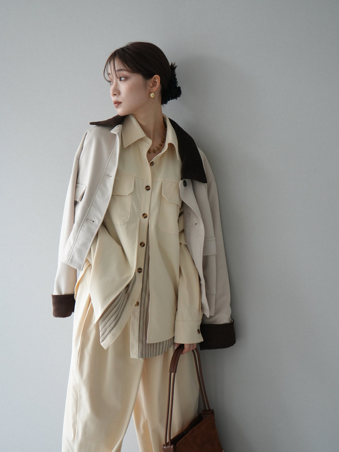 [予約]コーデュロイ切替スウェードショートジャケット/エクリュ