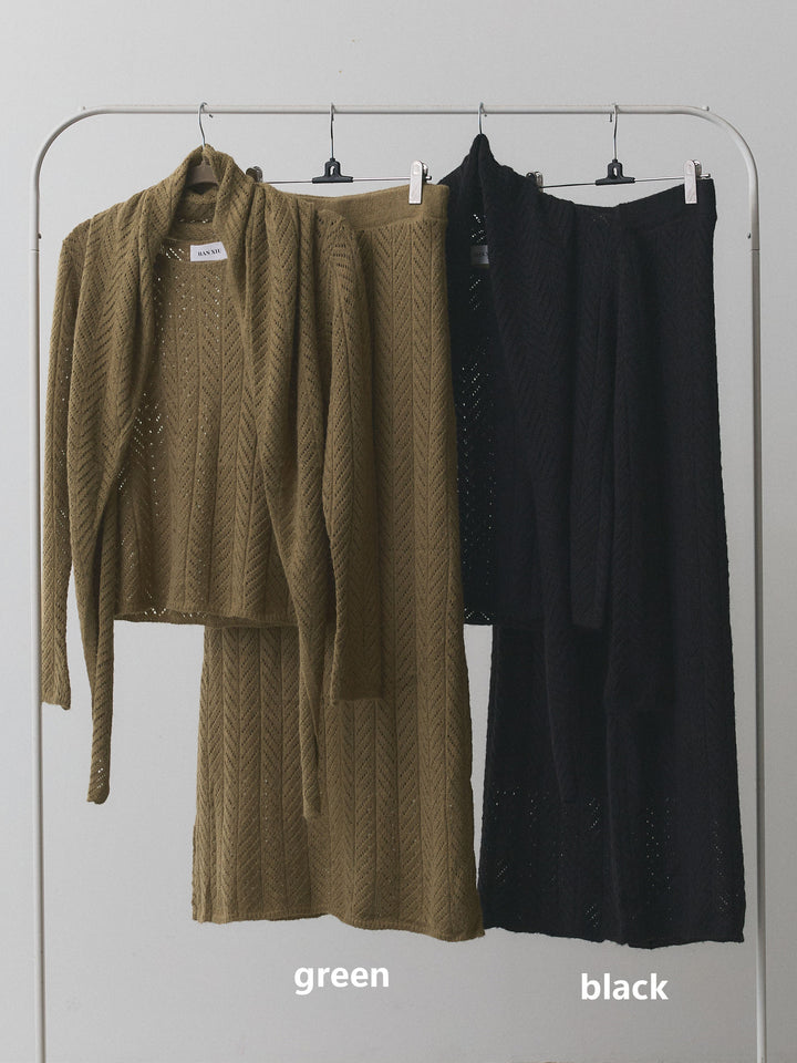 【Allure】[SET]透かし編みニットトップス＆スカート3SET+ベルト付バルーンレザーブルゾン(2set)