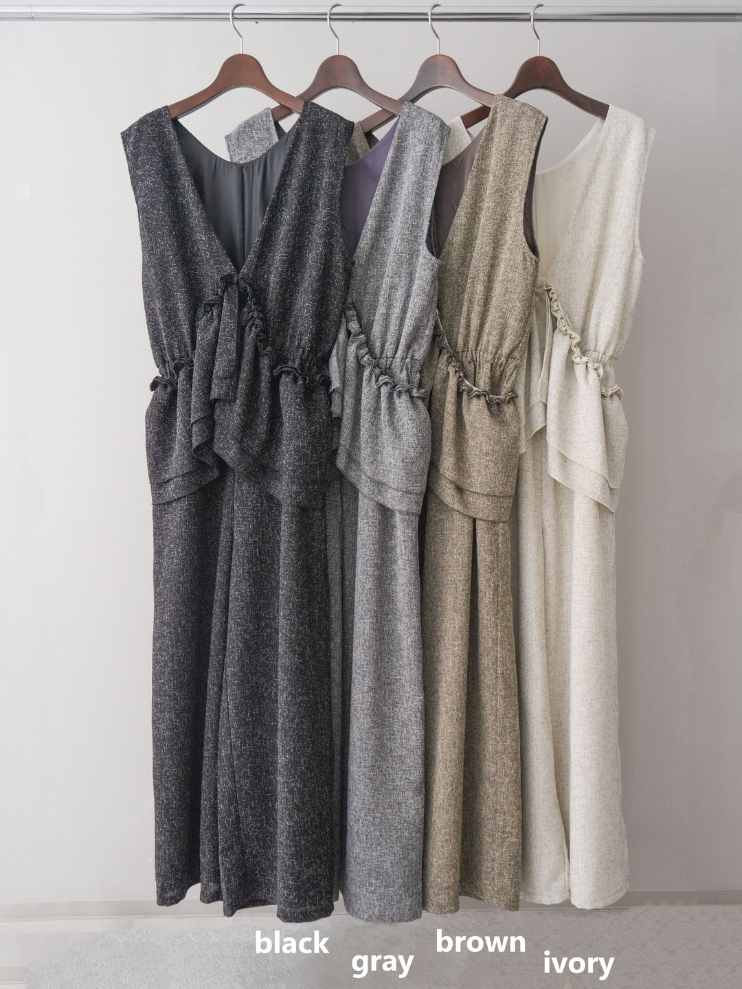 [SET]3WAYミックスツイードギャザーオールインワン+シアープチネックストレッチトップス(2set)