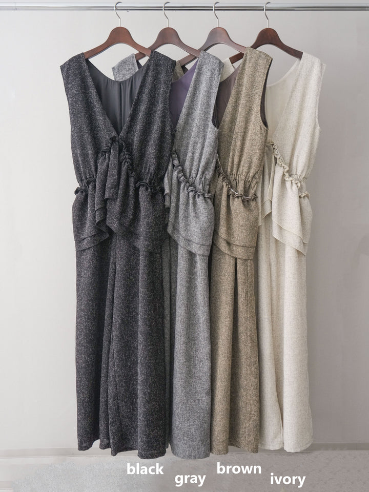 [SET]3WAYミックスツイードギャザーオールインワン+シアープチネックストレッチトップス(2set)