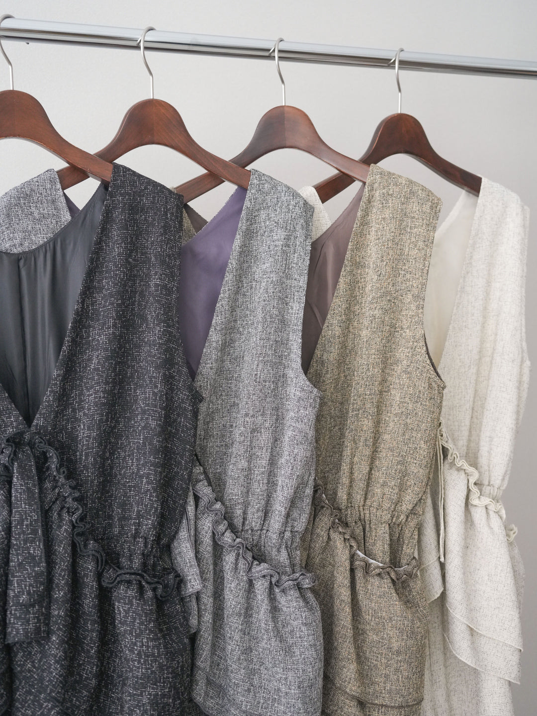 [SET]3WAYミックスツイードギャザーオールインワン+シアープチネックストレッチトップス(2set)