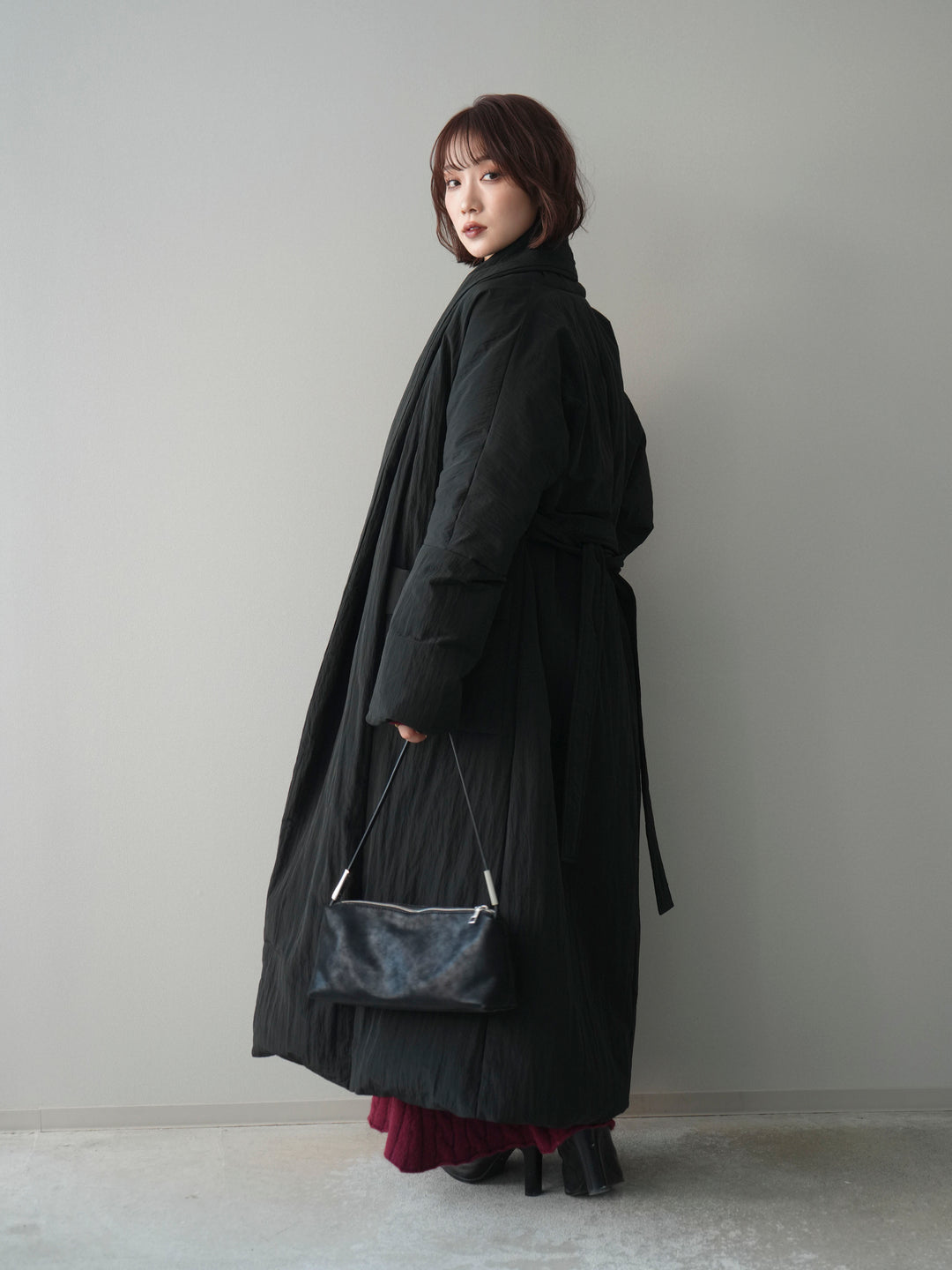 [SET]ストール付ケーブルニットプルオーバー&ロングスカートSET UP+ロングダウンコート(2set)