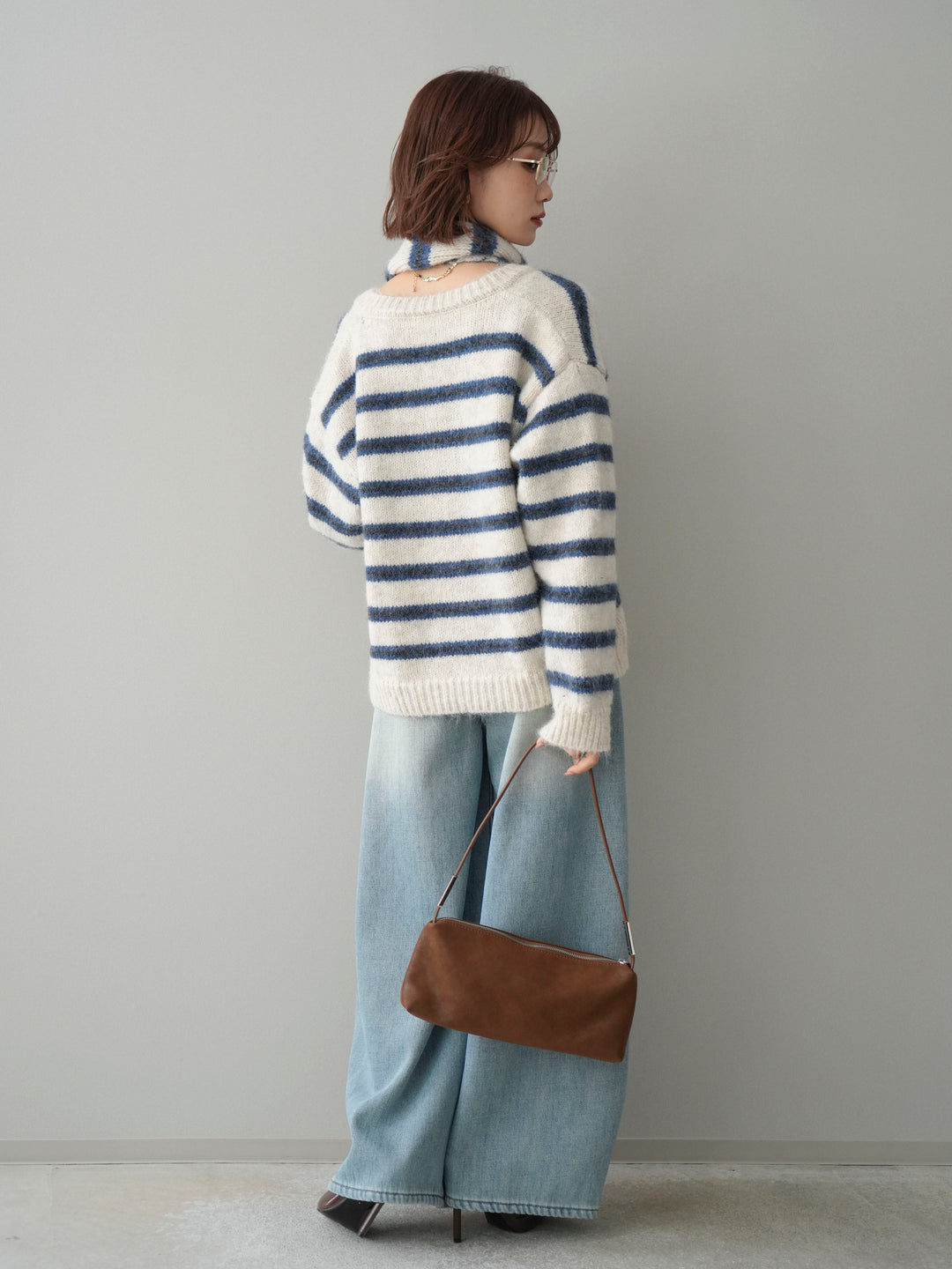 [SET]ボウタイ付きボーダーニットプルオーバー+ベルト付裏起毛カーブデニムパンツ(2set)