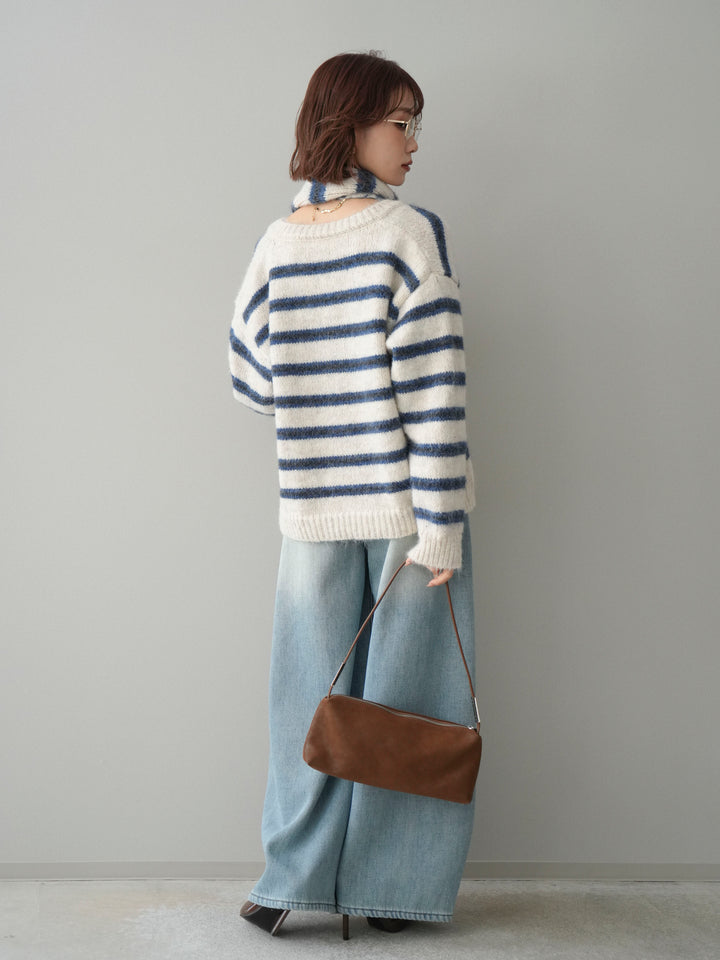 [SET]ボウタイ付きボーダーニットプルオーバー+ベルト付裏起毛カーブデニムパンツ(2set)