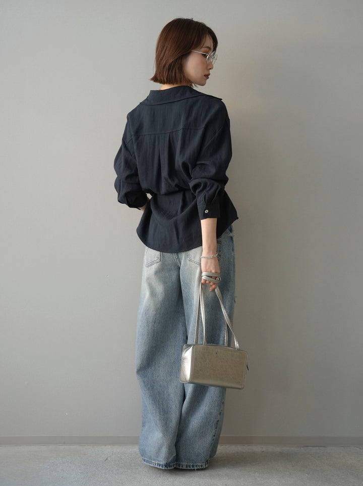 [SET]Vネック変形ラインシャツ+ダメージデニムセミワイドパンツ(2set)