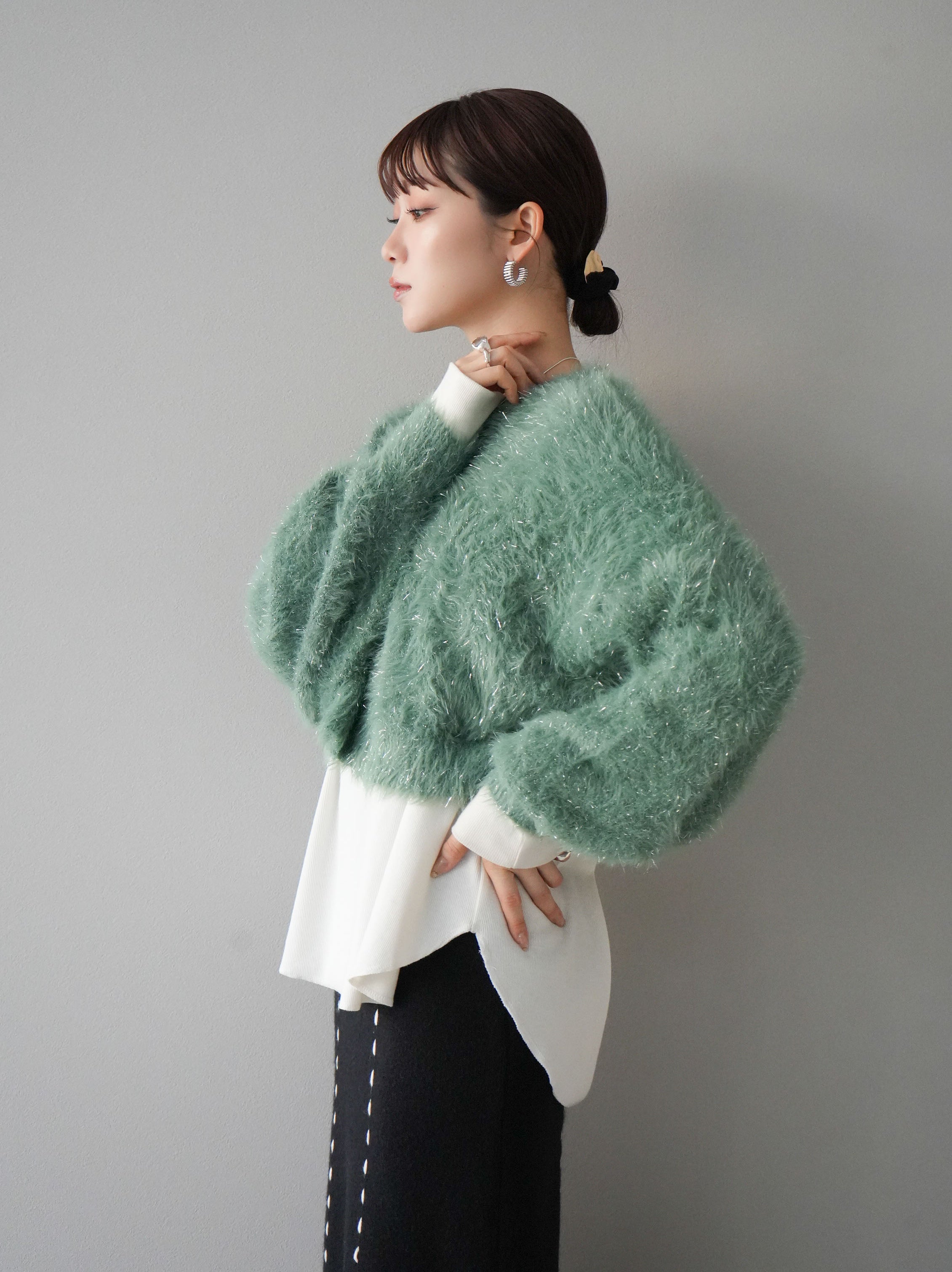 美品　UN3D. スクエアフラワーニット グリーン メッシュ ラメ リブ 美品 UN3D. スクエアフラワーニット グリーン メッシュ ラメ リブ