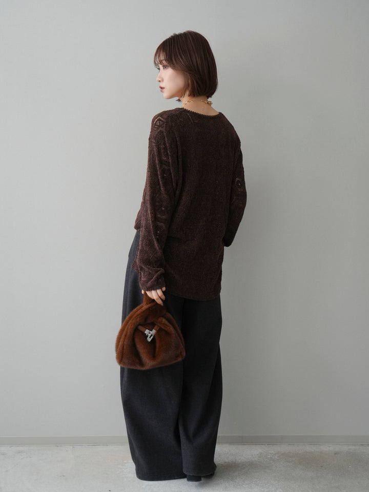 [SET]モール透かし編みニットトップス+アニマル柄ベルト付きウールタッチワイドパンツ(2set)