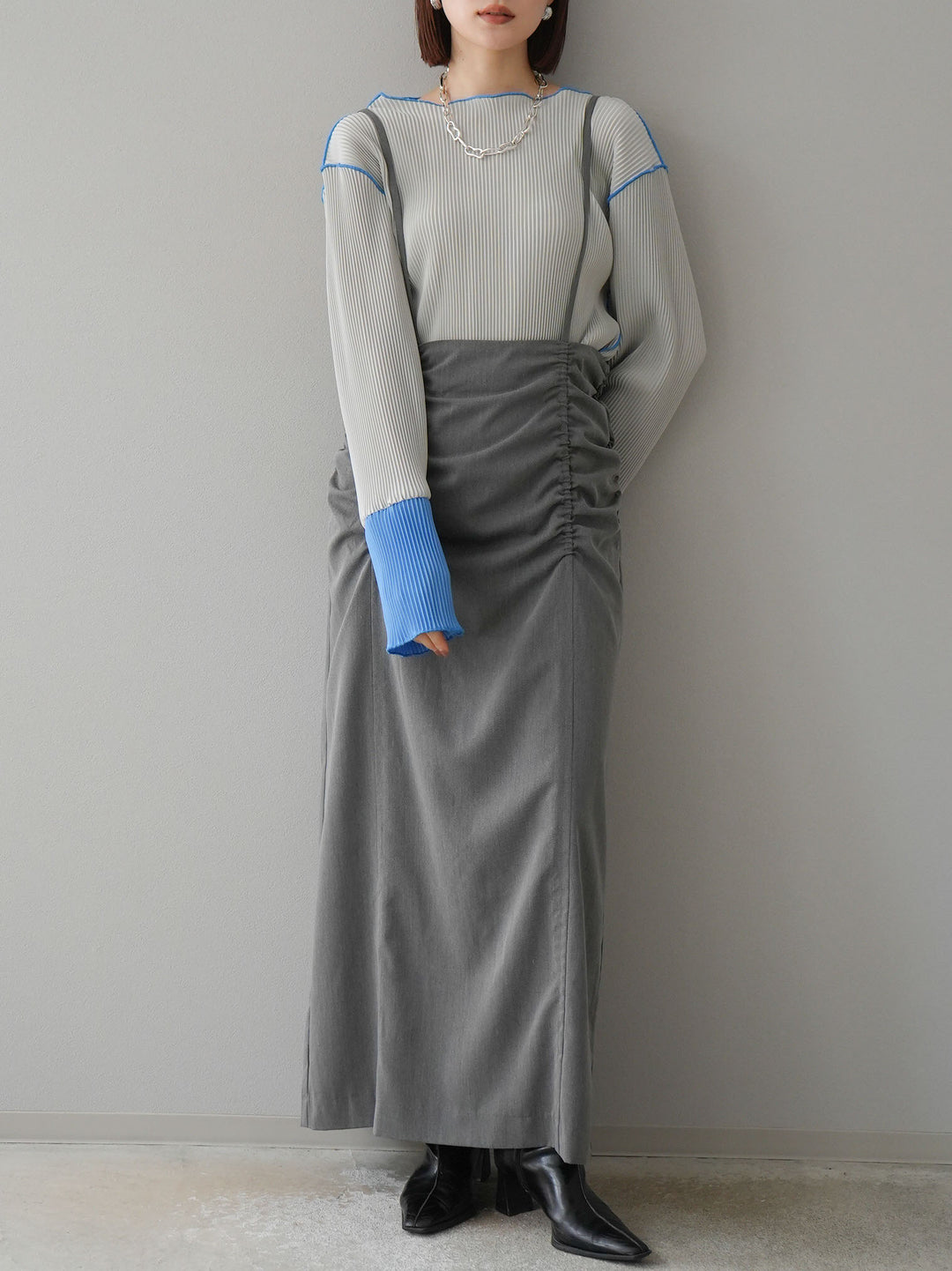 【預購】褶皺吊帶裙/炭灰