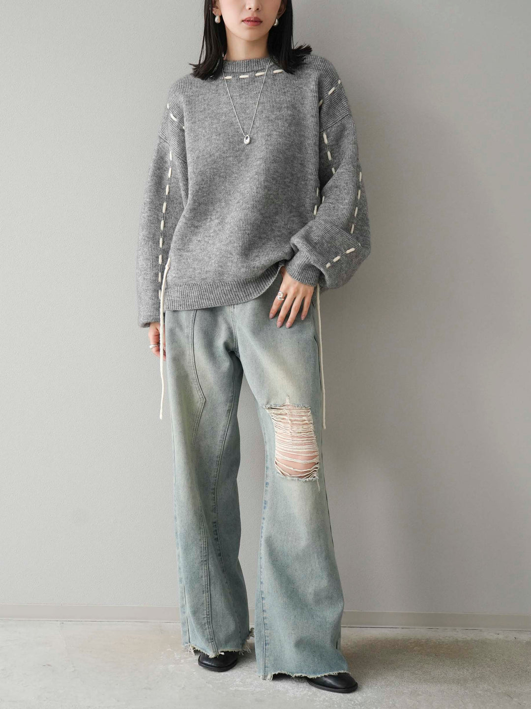 [預訂] 針織設計套頭衫/灰色