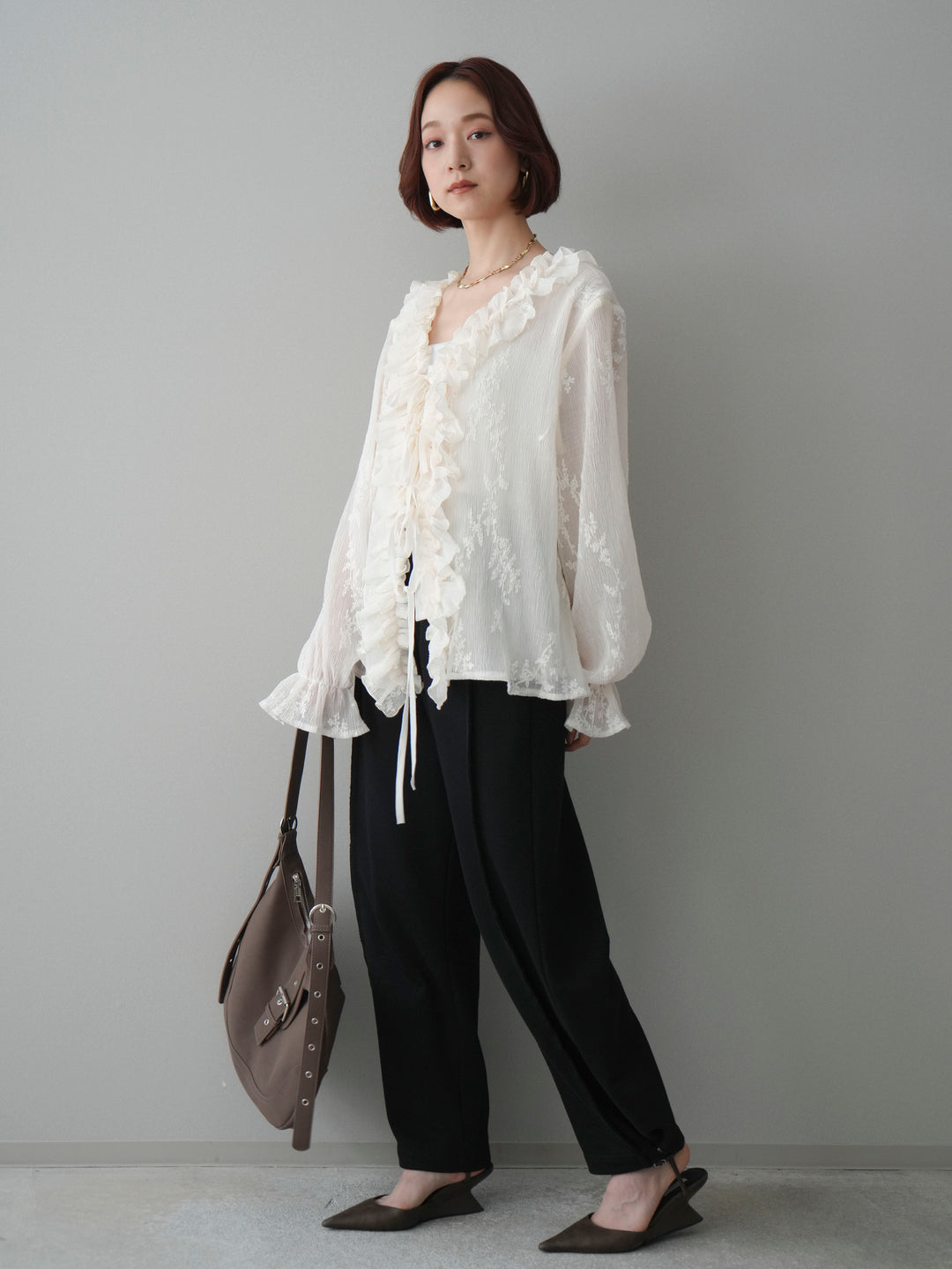 [SET]楊柳ラッフルフリルカーディガン+2WAYデザインスウェットパンツ(2set)