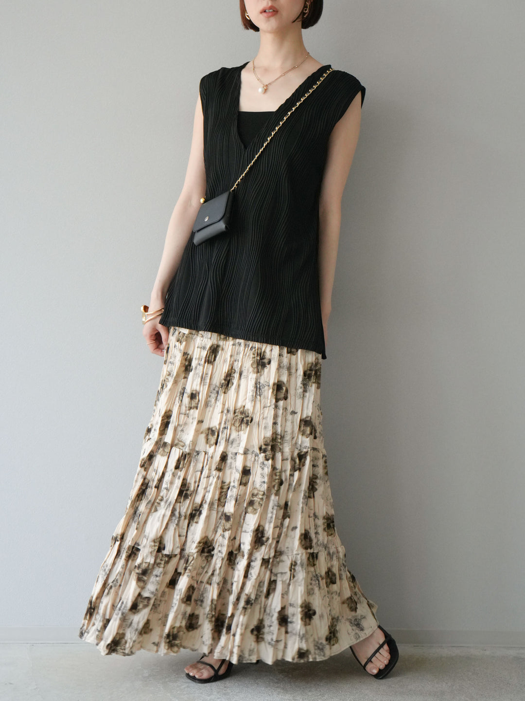 [予約]フラワーワッシャーロングスカート/ベージュ