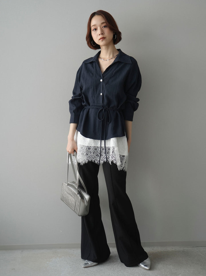 [SET]Vネック変形ラインシャツ+センターシームフレアパンツ(2set)