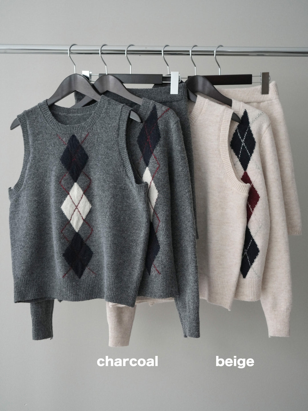 [SET]アーガイル柄3ピースSET UP+カシミヤダブルブレストロングコート(2set)