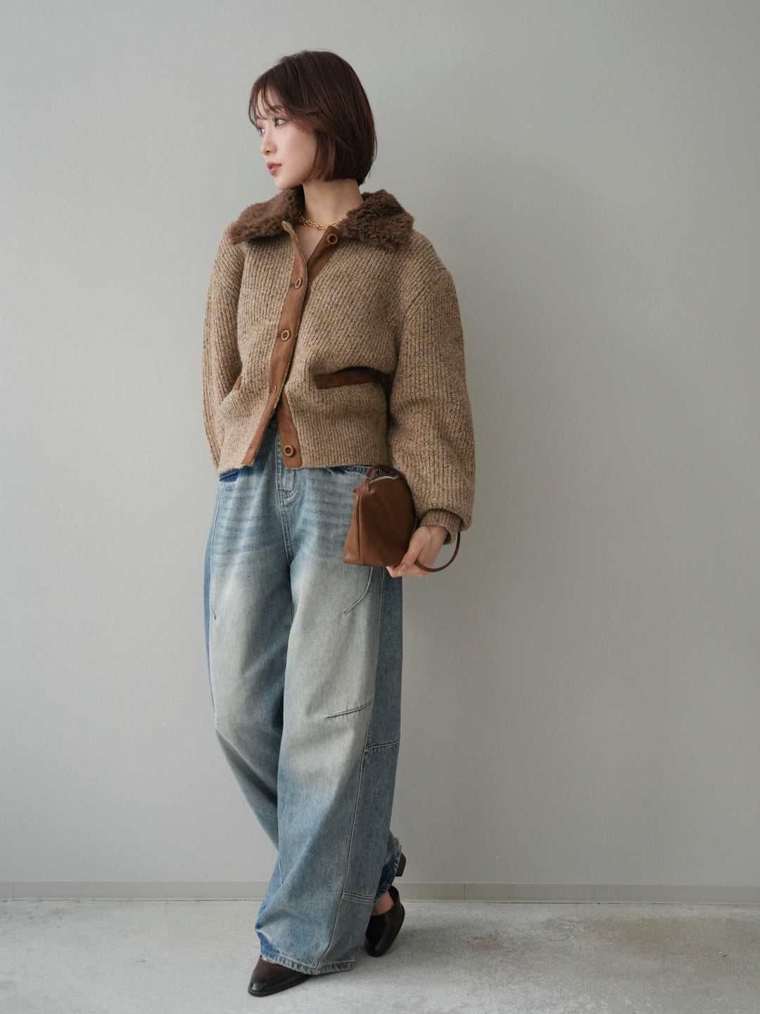 [SET]襟ボアミックスヤーンニットカーディガン+ベルト付カーブデニムパンツ(2set)