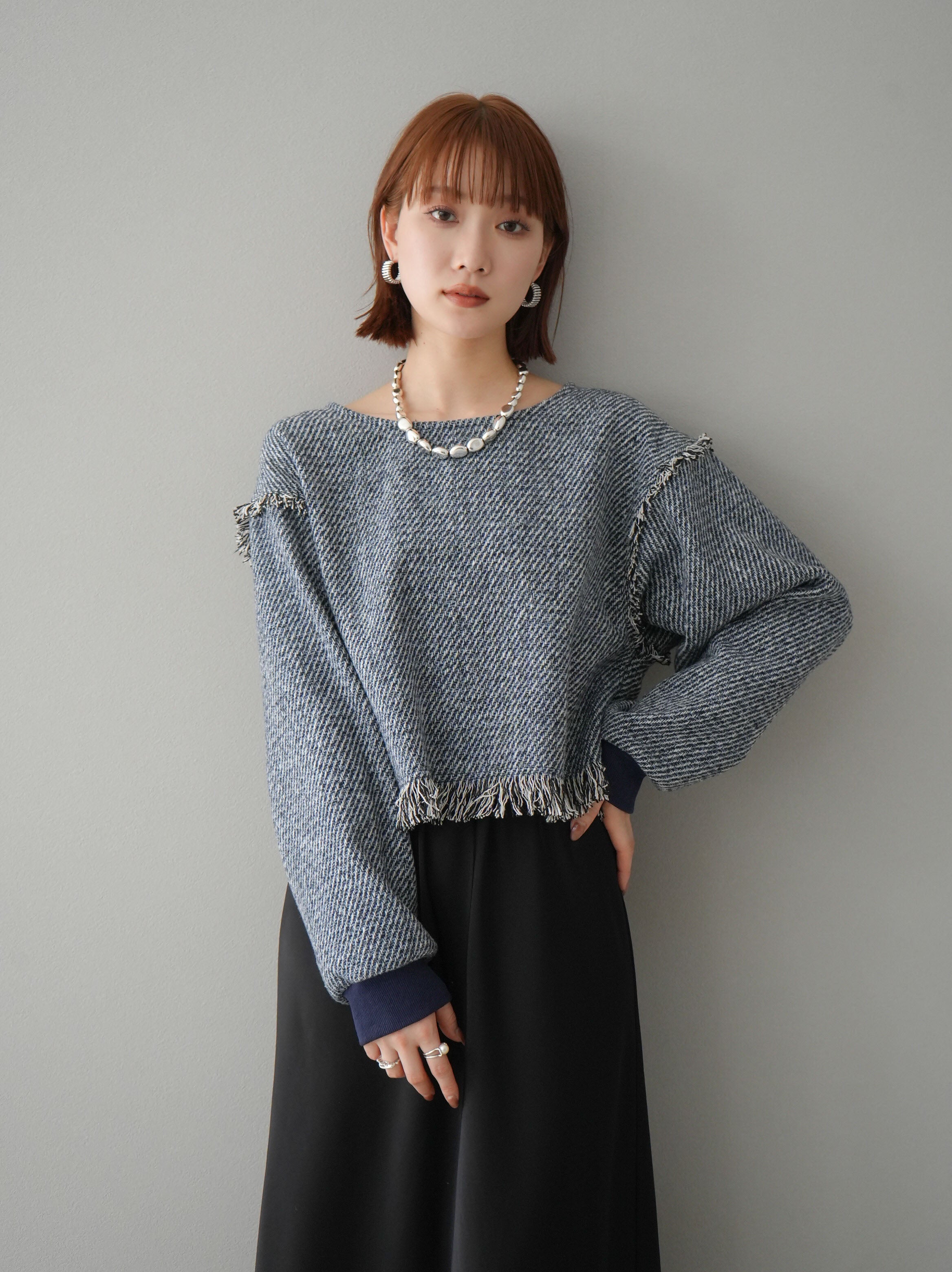 予約]ツイードフリンジプルオーバー/ブルー – Lumier