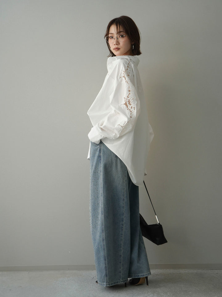 [SET]アームレースブロードシャツ+フロントビジューカーブデニムパンツ(2set)