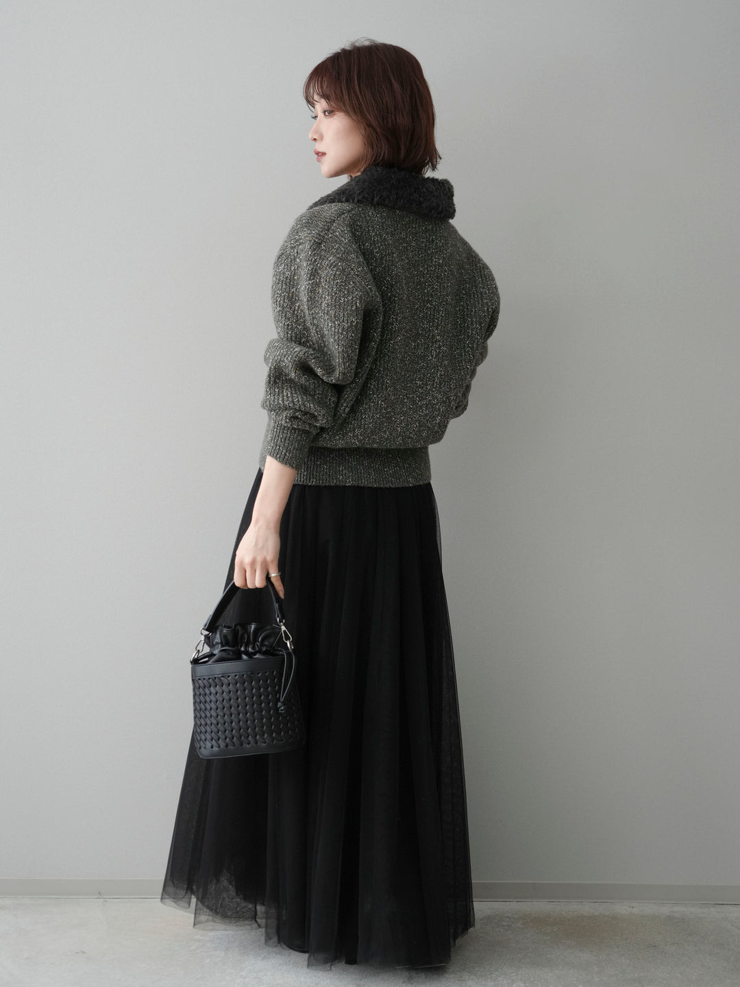 [SET]襟ボアミックスヤーンニットカーディガン+チュールボリュームスカート(2set)