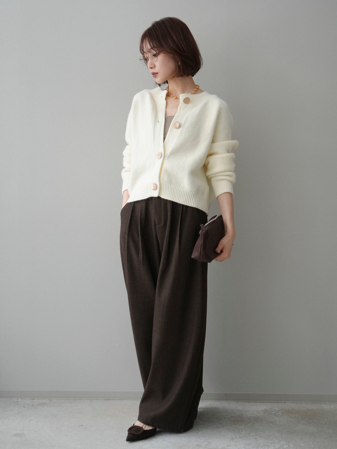 [SET]BIGボタンニットカーディガン+アニマル柄ベルト付きウールタッチワイドパンツ(2set)