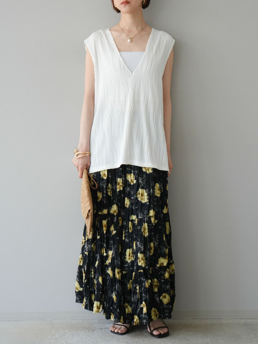 [予約]フラワーワッシャーロングスカート/ブラック