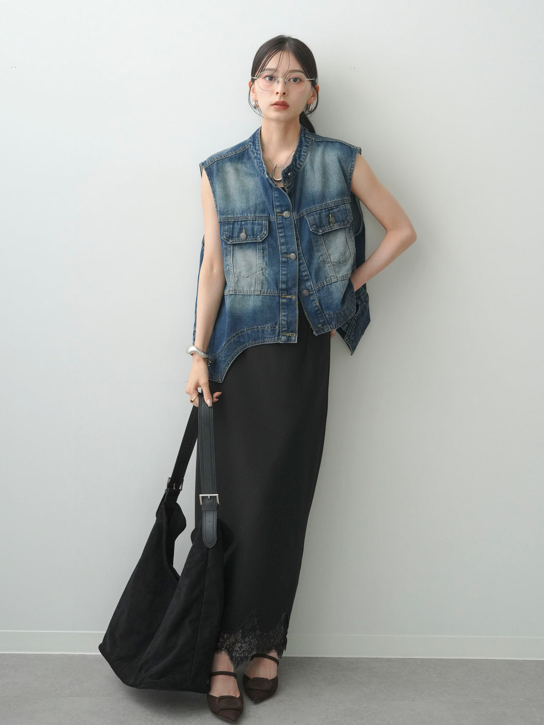 [予約]レースヘムストレッチIラインスカート/black