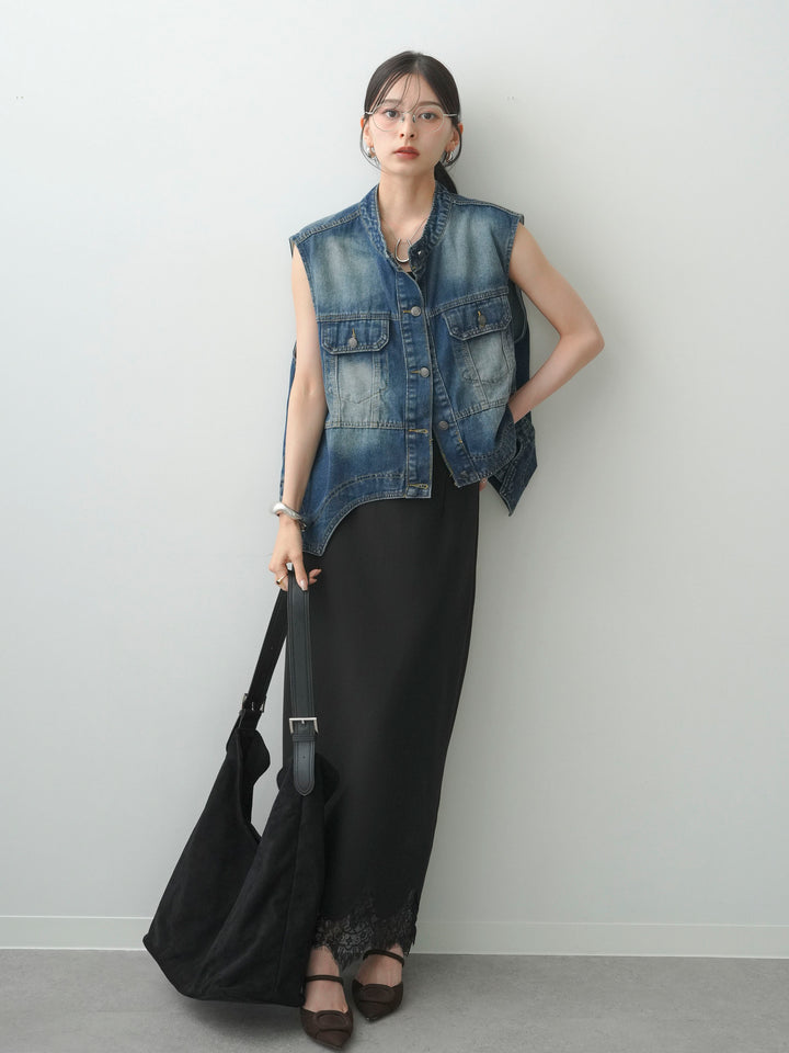 [予約]レースヘムストレッチIラインスカート/black