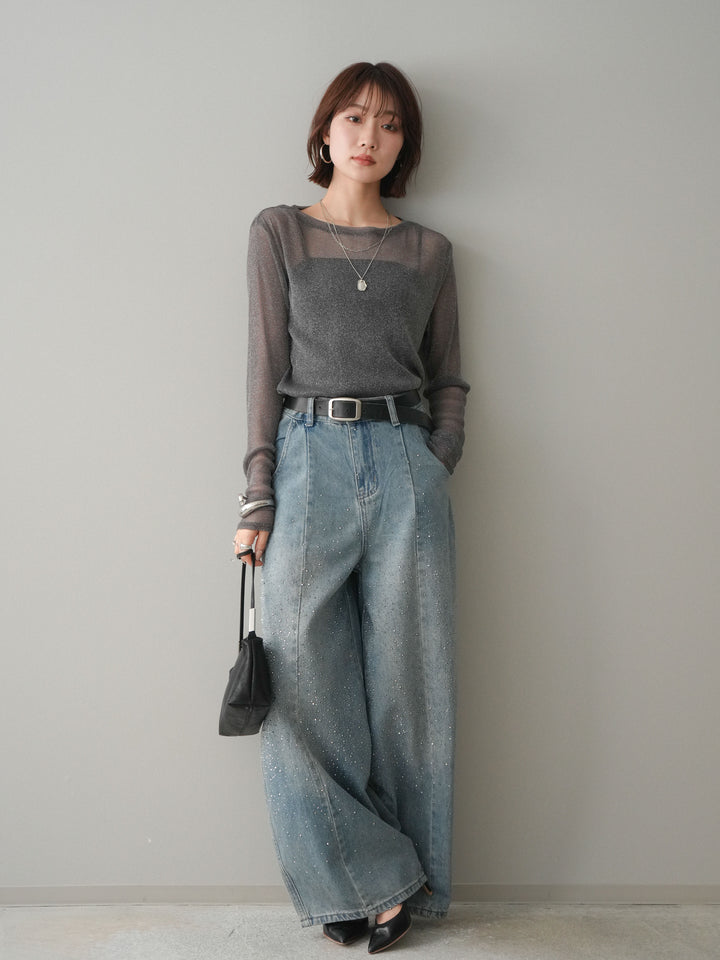 [予約]フロントビジューカーブデニムパンツ/lightblue