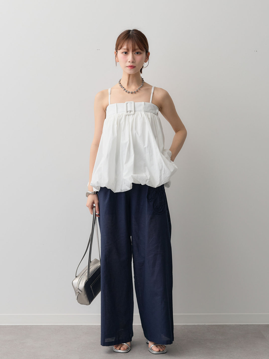 [予約]コード刺繍ワイドパンツ/navy