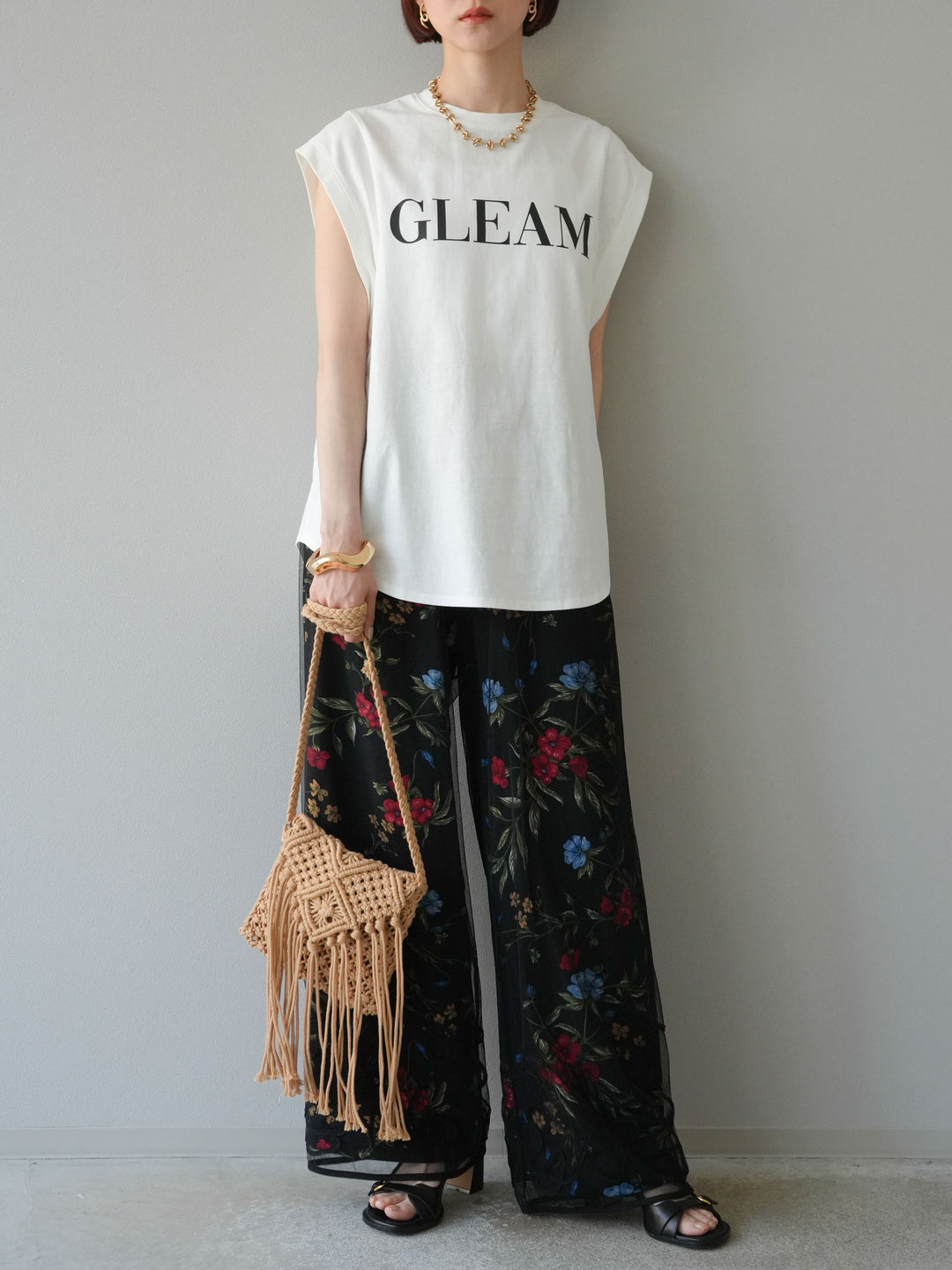 【預購】植物圖案休閒褲/黑色