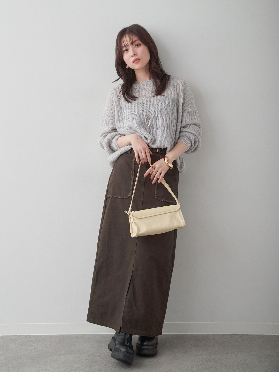 [予約]ベルト付フリンジポケットIラインスカート/brown