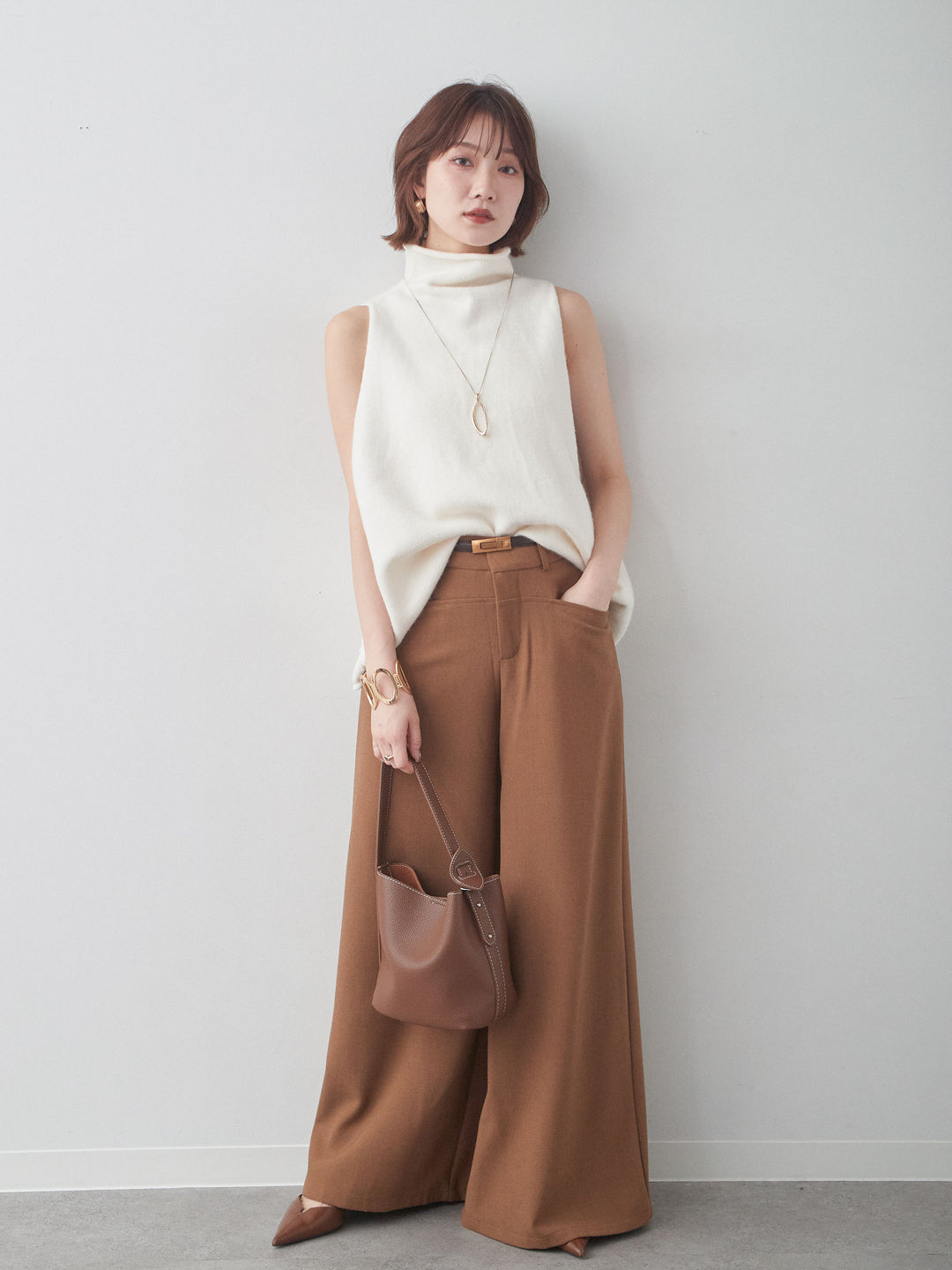 [予約]ベルト付ポケットデザインワイドストレートパンツ/camel