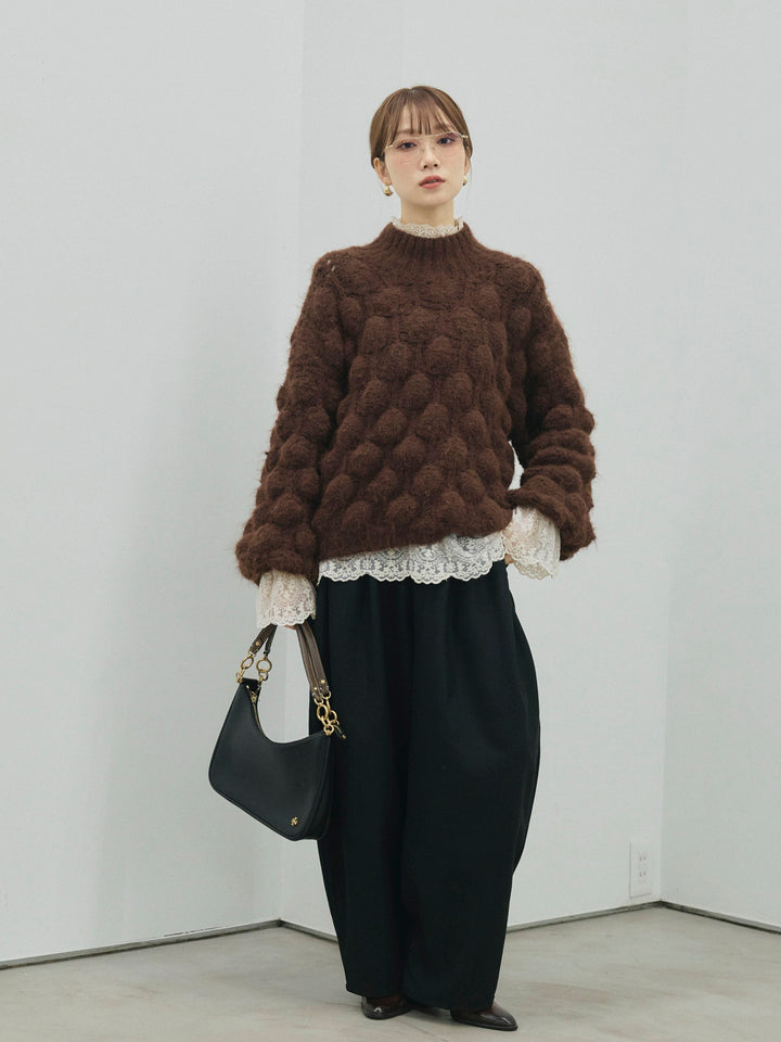 【Allure】[SET]ポップコーンハイネックニットプルオーバー+ハイネックレーストップス+モックスカルゼサイドタックコクーンパンツ(3set)