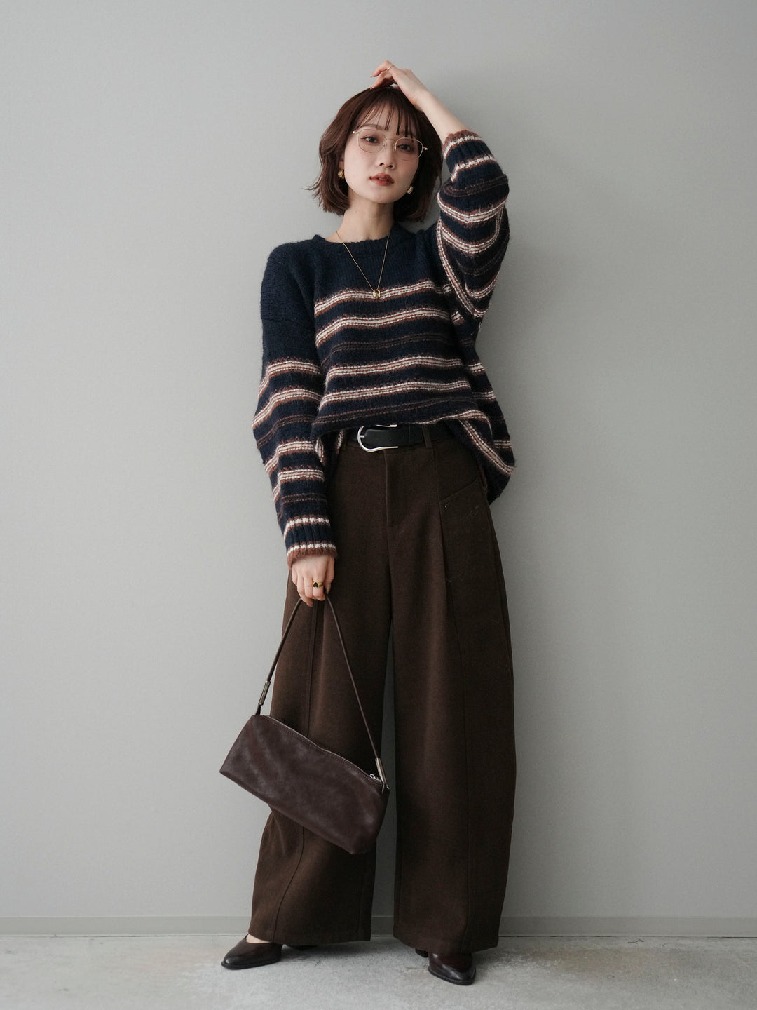 [SET]ステッチボーダーニットプルオーバー+ベルト付起毛コクーンパンツ(2set)