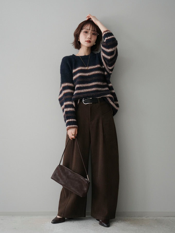 [SET]ステッチボーダーニットプルオーバー+ベルト付起毛コクーンパンツ(2set)