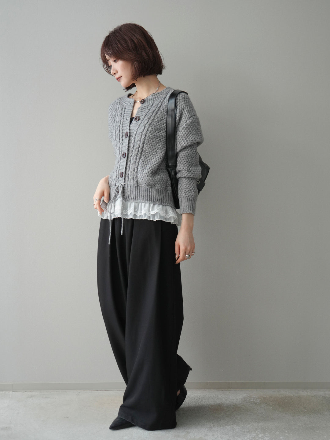 [SET]裾レースケーブルニットカーディガン+ベルトループデザインワイドパンツ(2set)