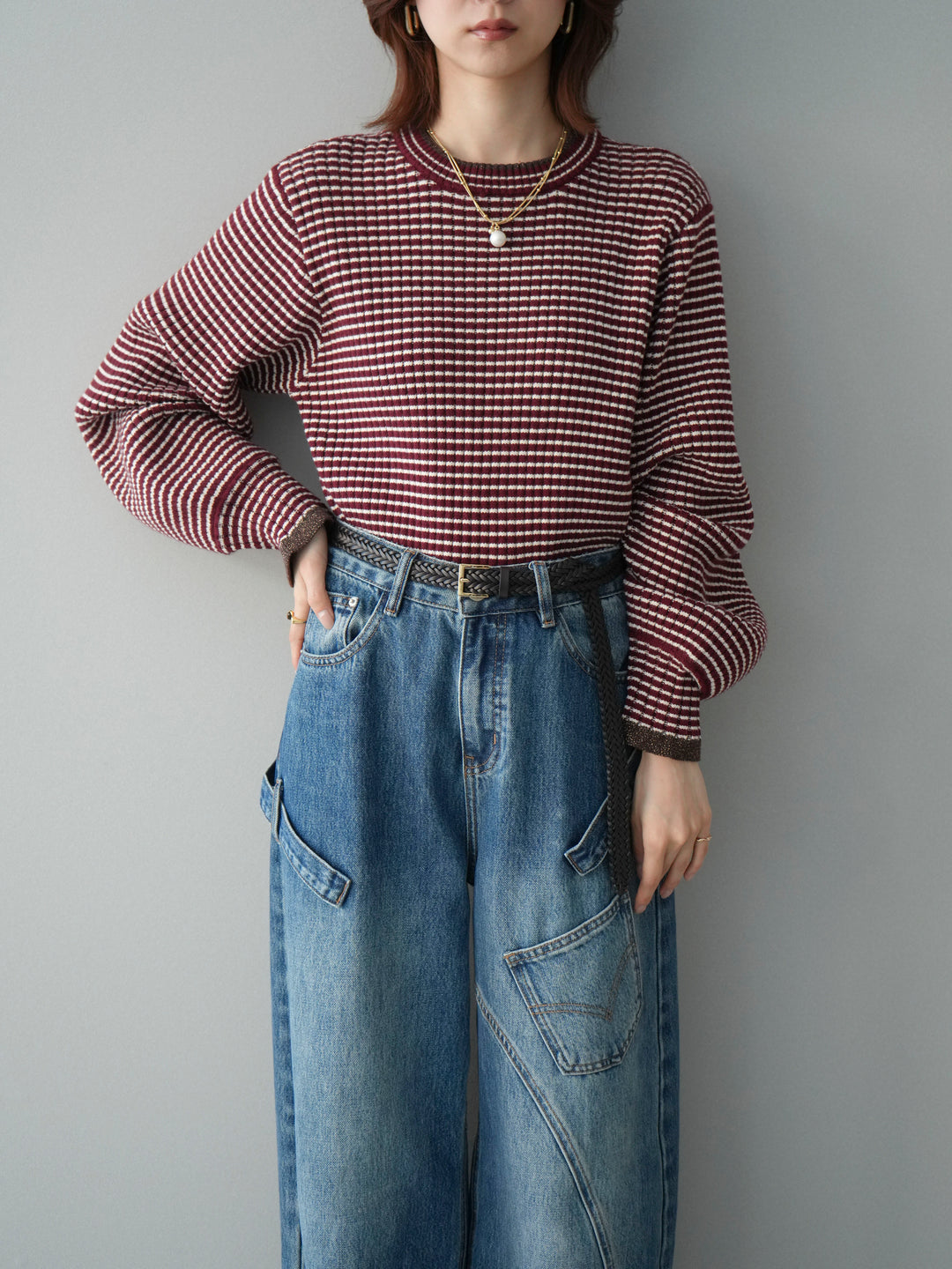 [SET]ラメ異素材ボーダーリブニットプルオーバー+ペインターカーブデニムパンツ(2set)