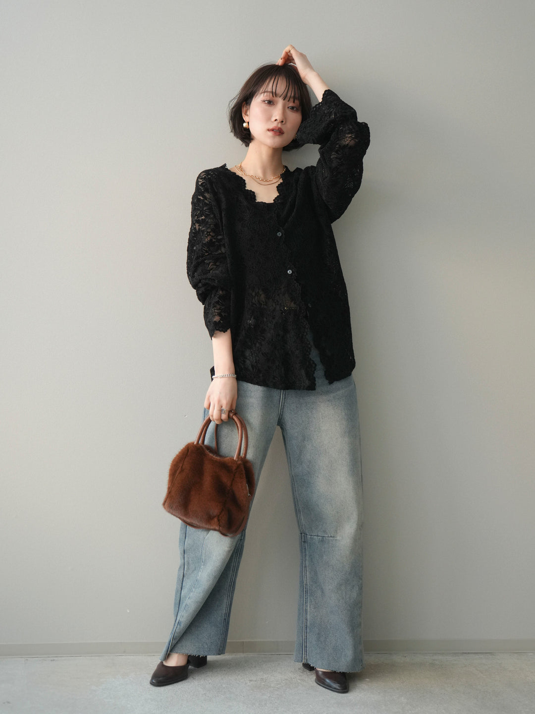 [SET]Vネックレースブラウス+裏起毛カットオフカーブデニムパンツ(2set)