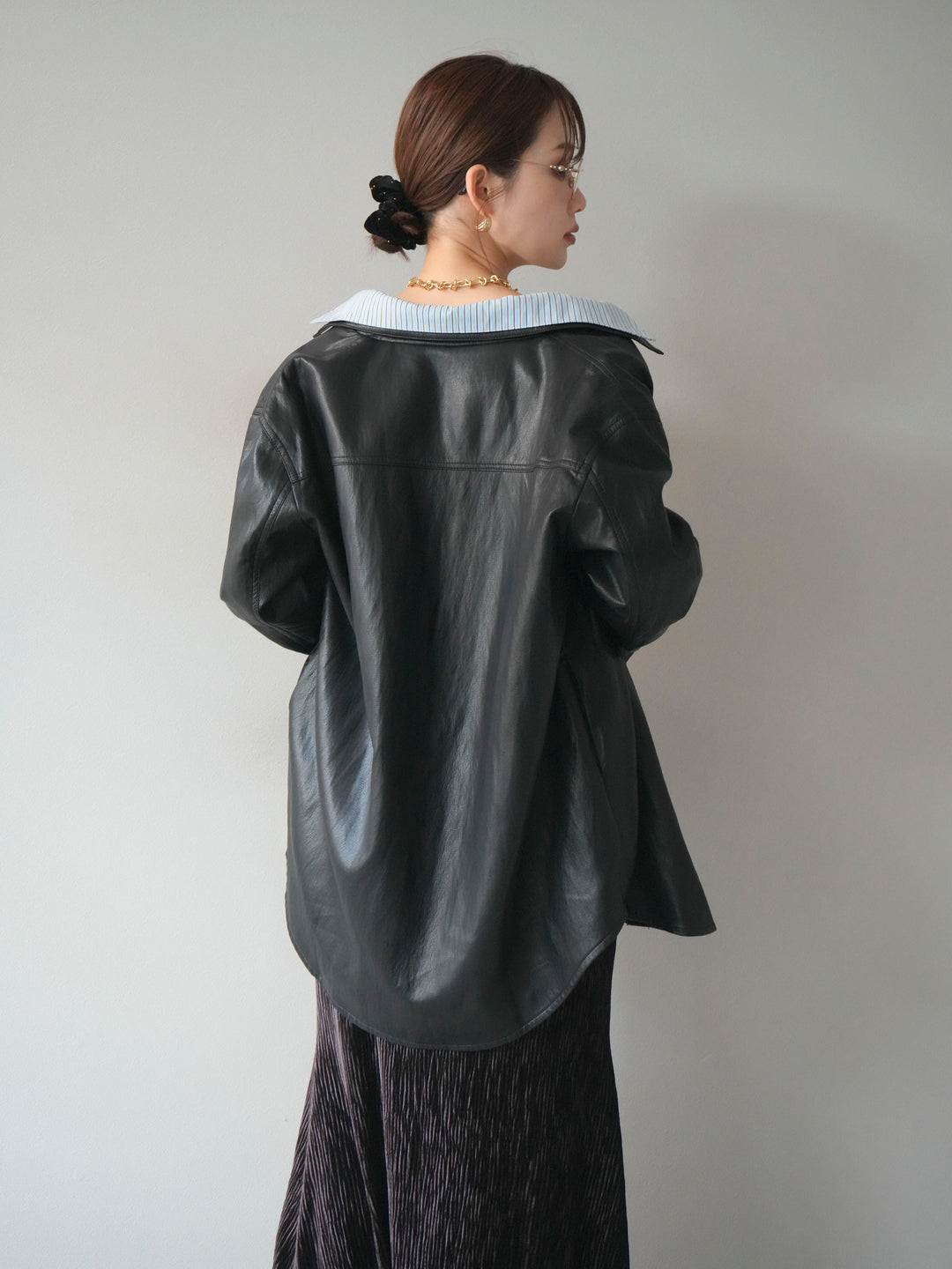 [予約]シャツレイヤードデザインレザージャケット/black