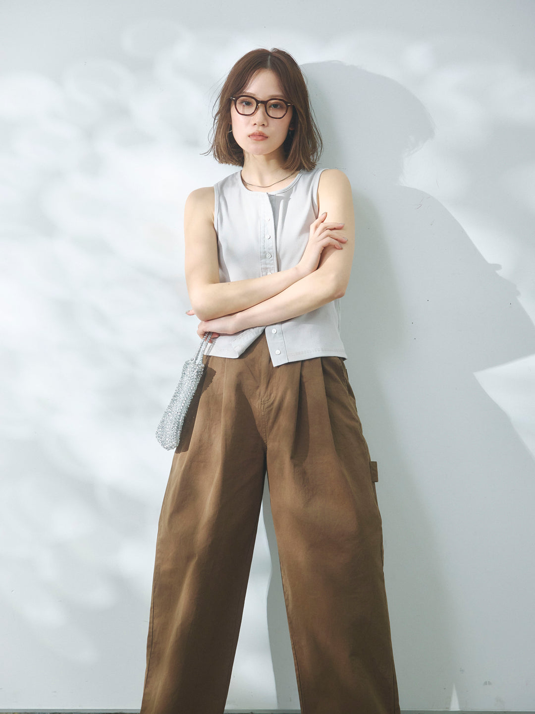 【Allure】[SET]フロントボタンテレコリブタンクトップ+カットオフコットンツイルタックワイドパンツ(2set)