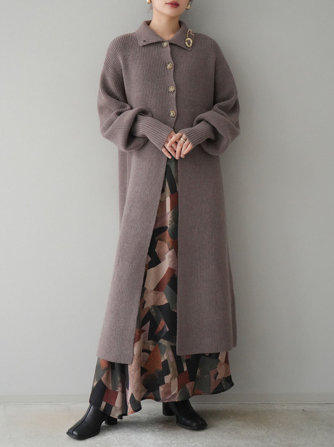 [予約]ハイネックニットロングカーディガン/モカ