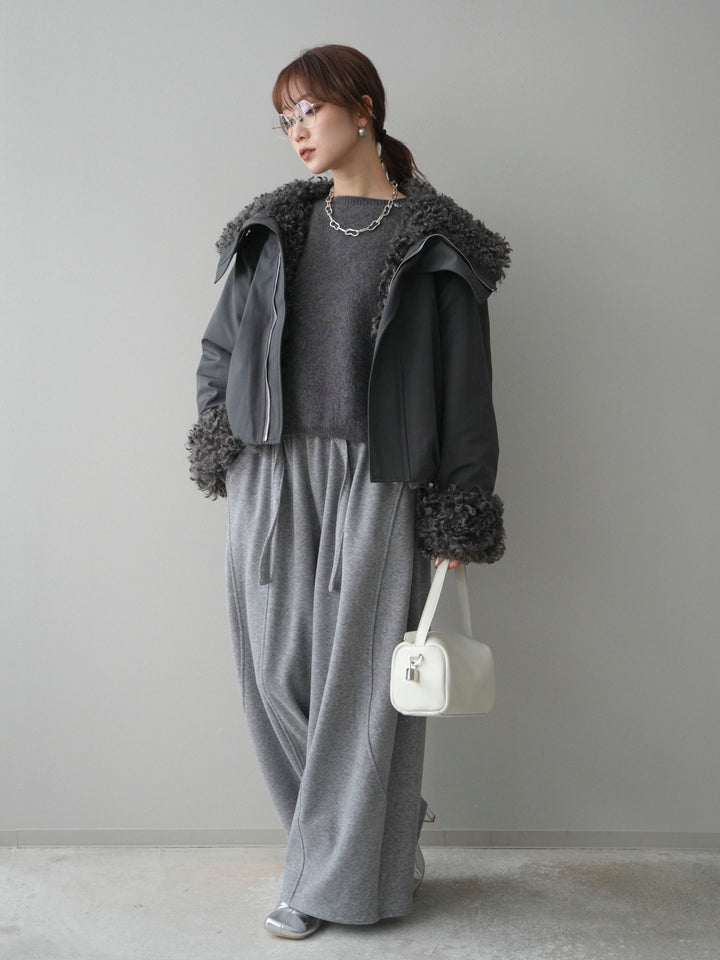 [SET]プードルファーダウンジャケット+アンゴラタッチボートネッククロップドプルオーバー+ウエストベルトカーブラインスエットパンツ(3set)