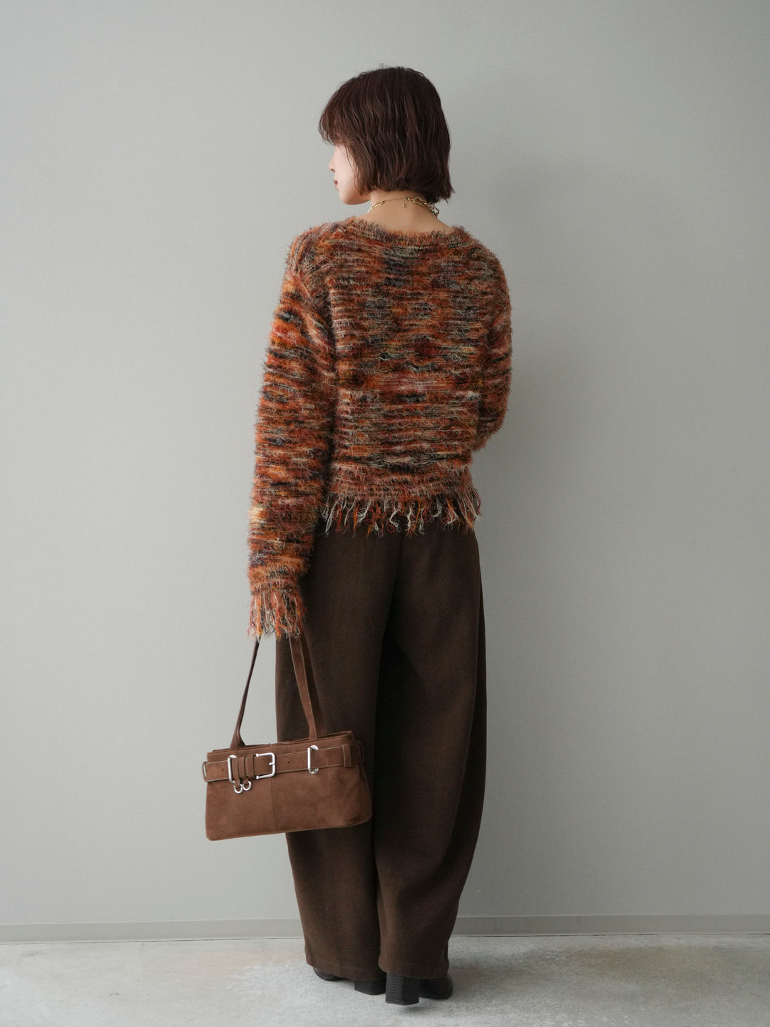 [SET]裾フリンジミックスヤーンシャギープルオーバー+ベルト付起毛コクーンパンツ(2set)