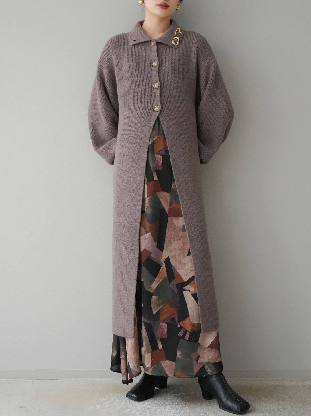 [予約]ハイネックニットロングカーディガン/モカ