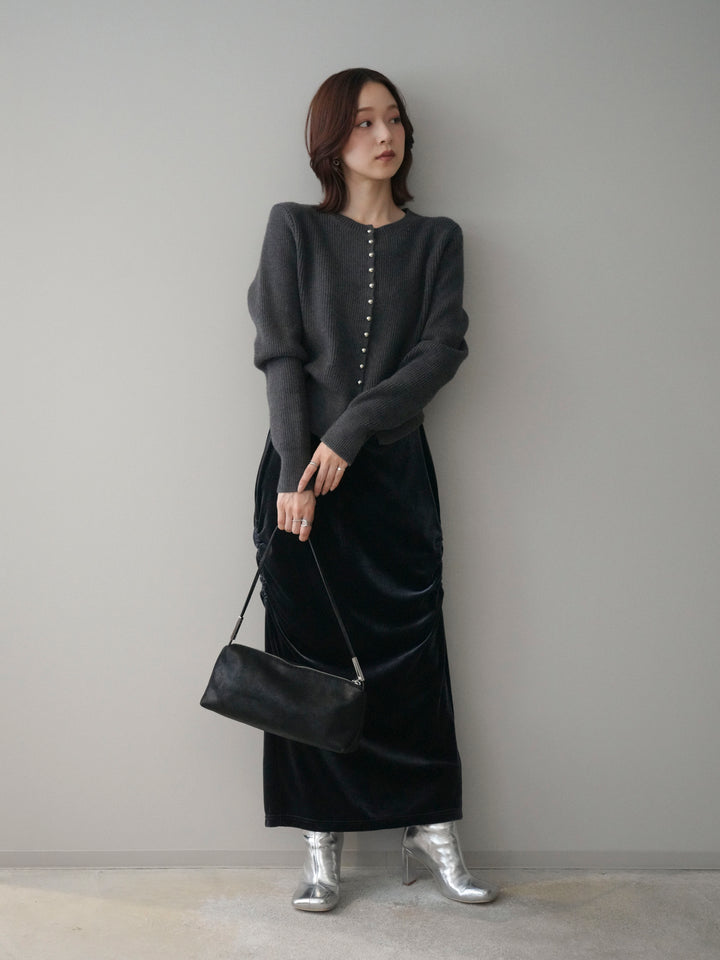 [SET]シルバーボタン畦編みニットカーディガン+ギャザーベロアスカート(2set)