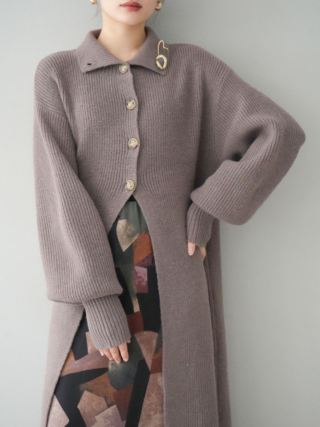 [予約]ハイネックニットロングカーディガン/モカ