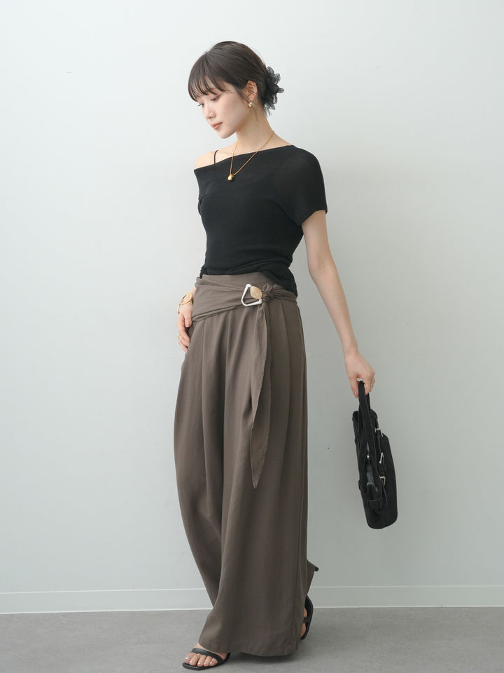 [予約]ベルトデザインタックドレープワイドパンツ/brown