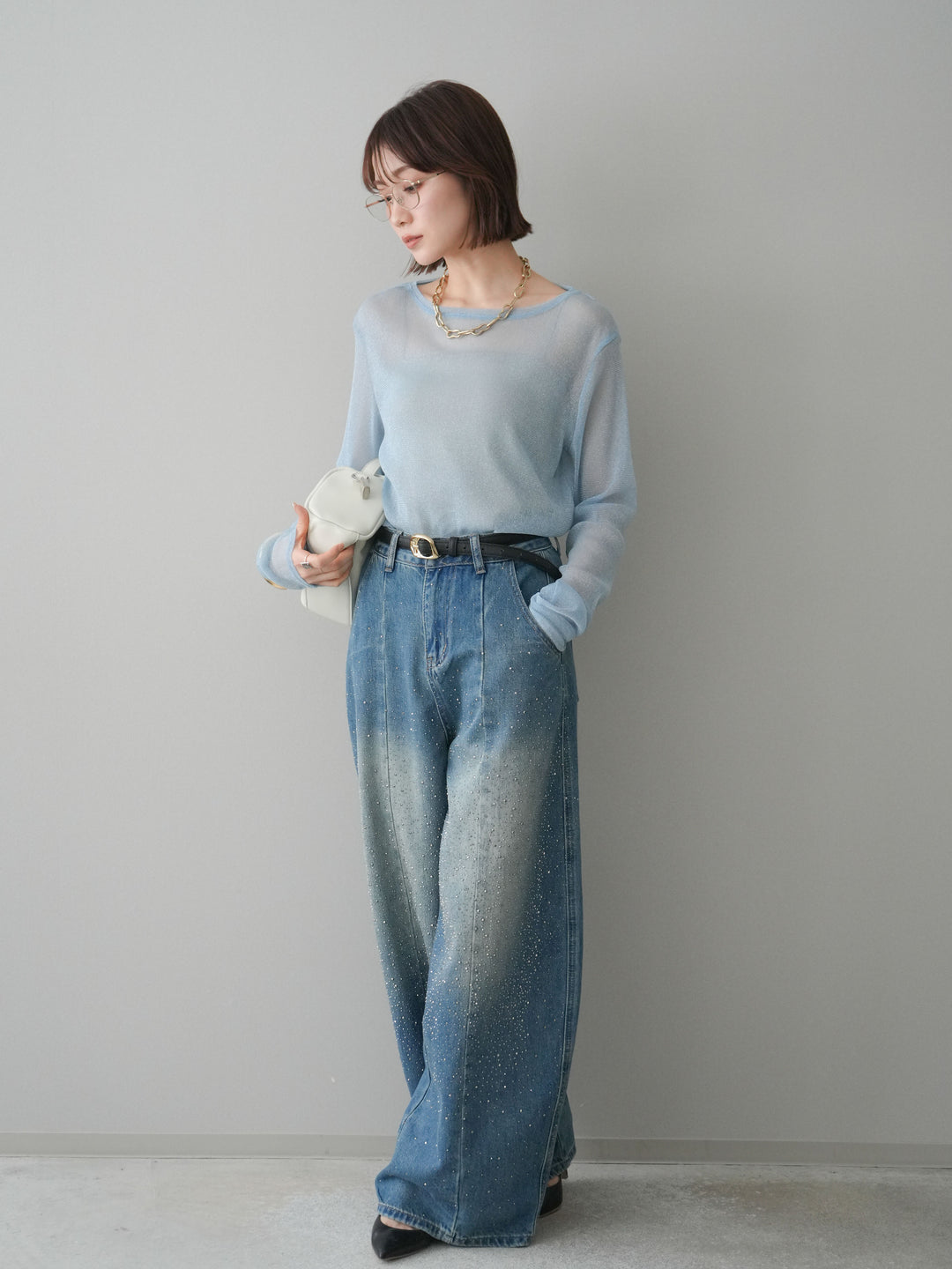 [予約]フロントビジューカーブデニムパンツ/blue