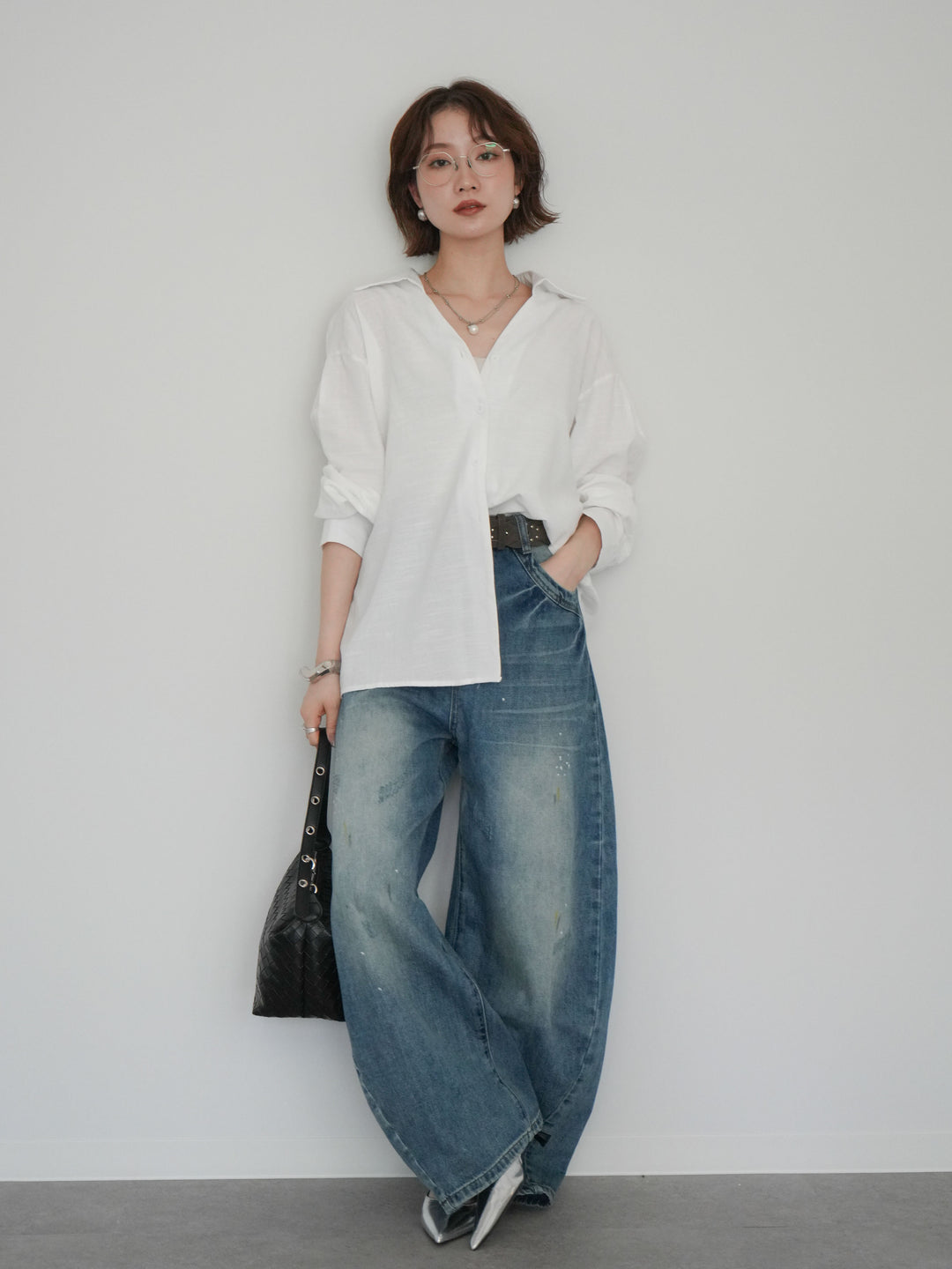 [予約]ベルト付ペイント加工カーブデニムパンツ/blue