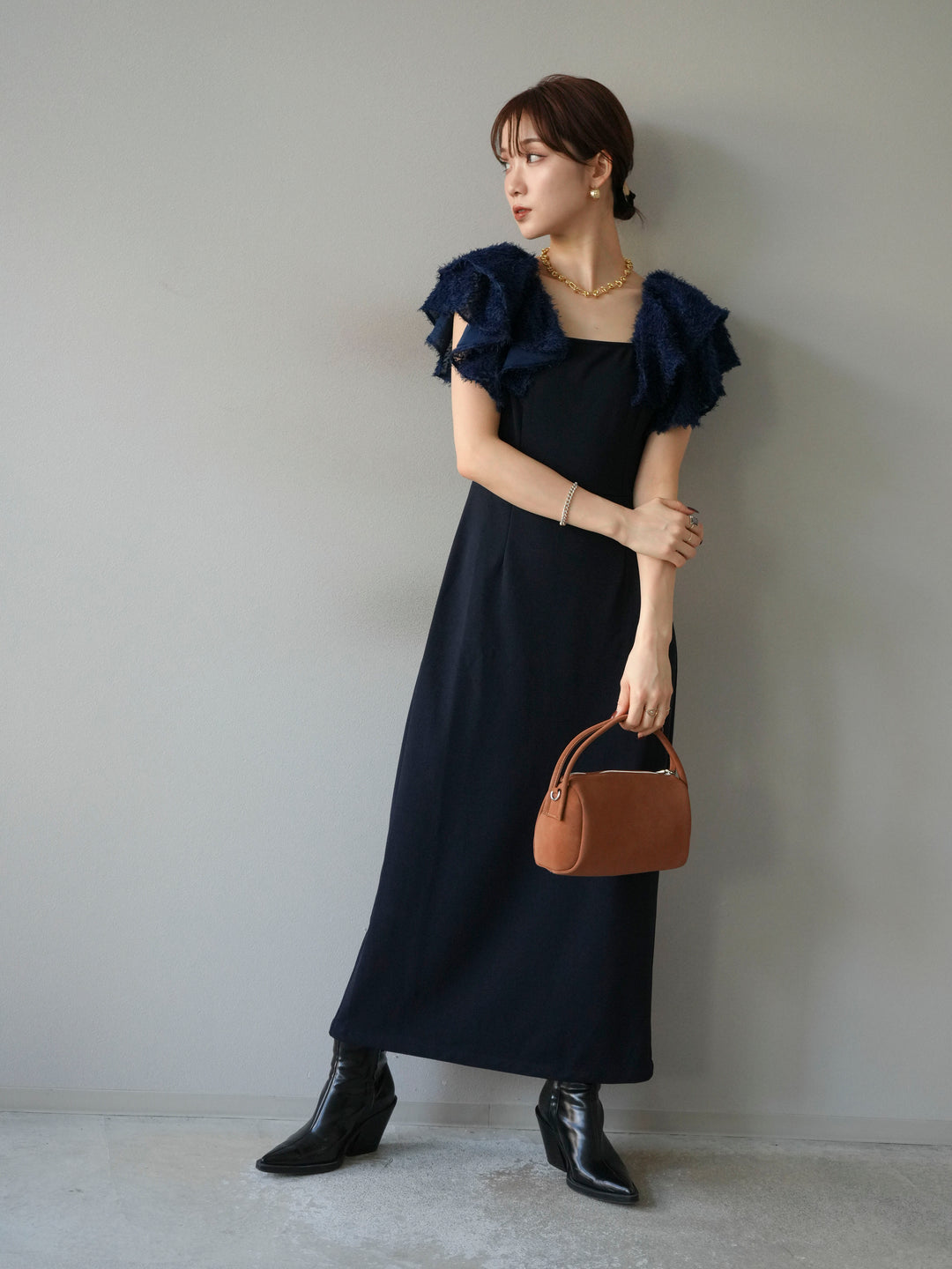 [予約]ジャガードフレアスリーブドレス/ネイビー